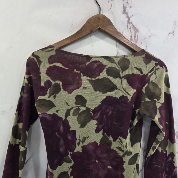 Vintage 90s Y2K Shirt Women Small Green Mesh Lettuce Hem Sheer Floral Rose - Picture 6 of 13